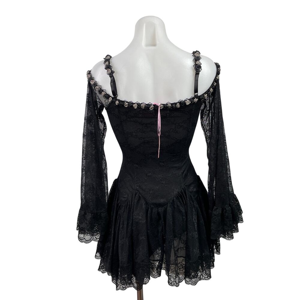 NEW Sugar Thrillz Black Lace Sheer Flowers Long Bell Sleeve Mini A-Line Dress XS - Picture 3 of 5